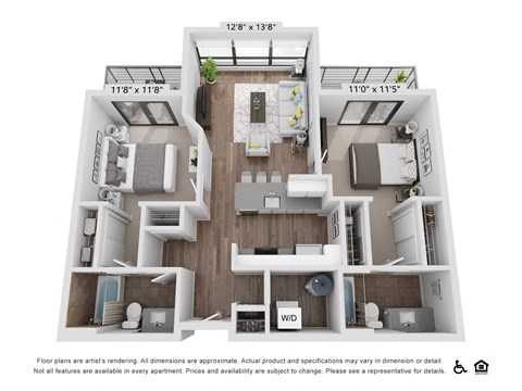 Floor plan for 2 beds, 2 baths, 987 sqft